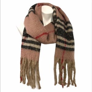 Pink plaid soft plush scarf with fringe